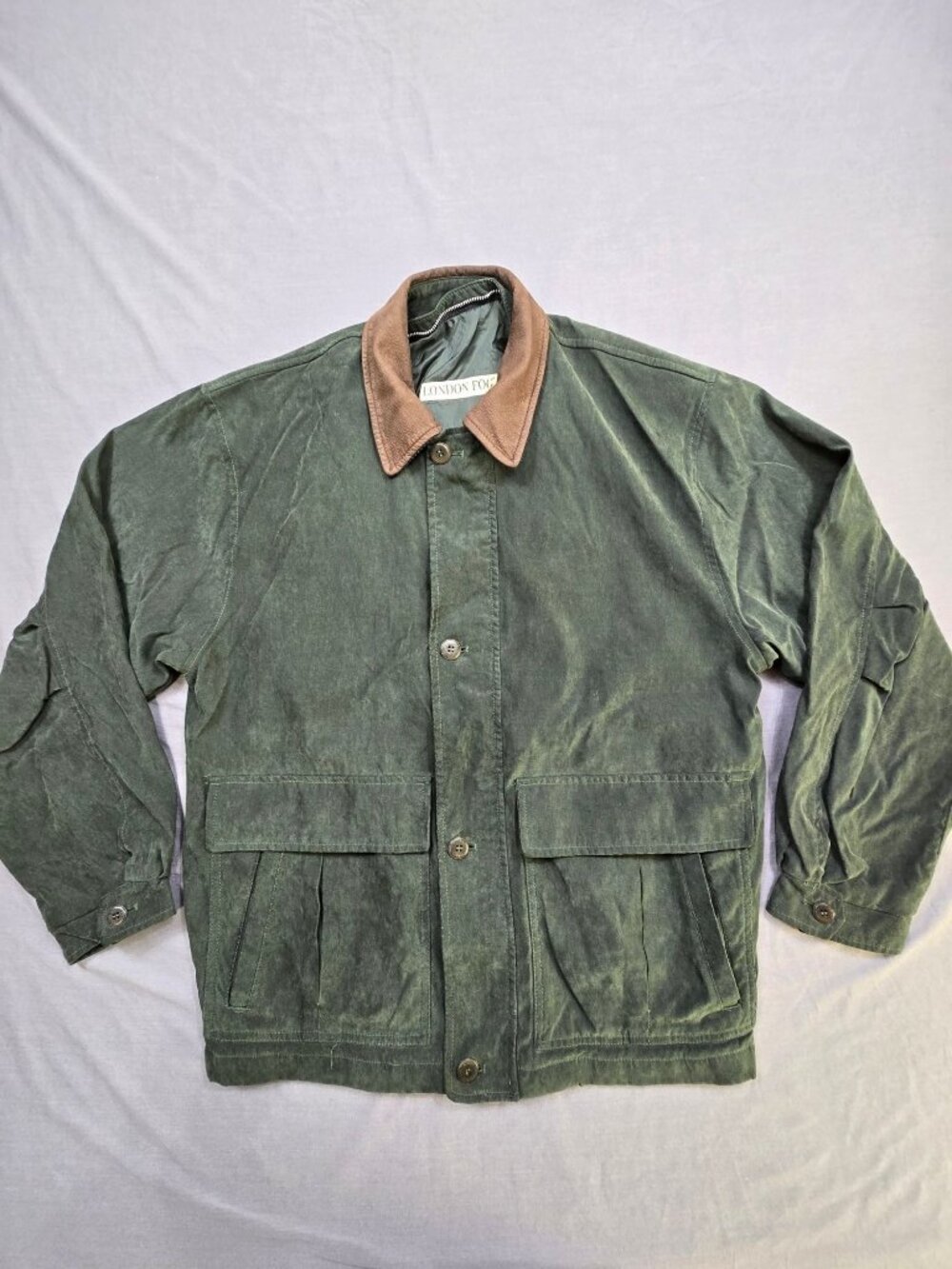 London Fog Mens Medium Jacket Green Leather Collar Utility Button Up Coat